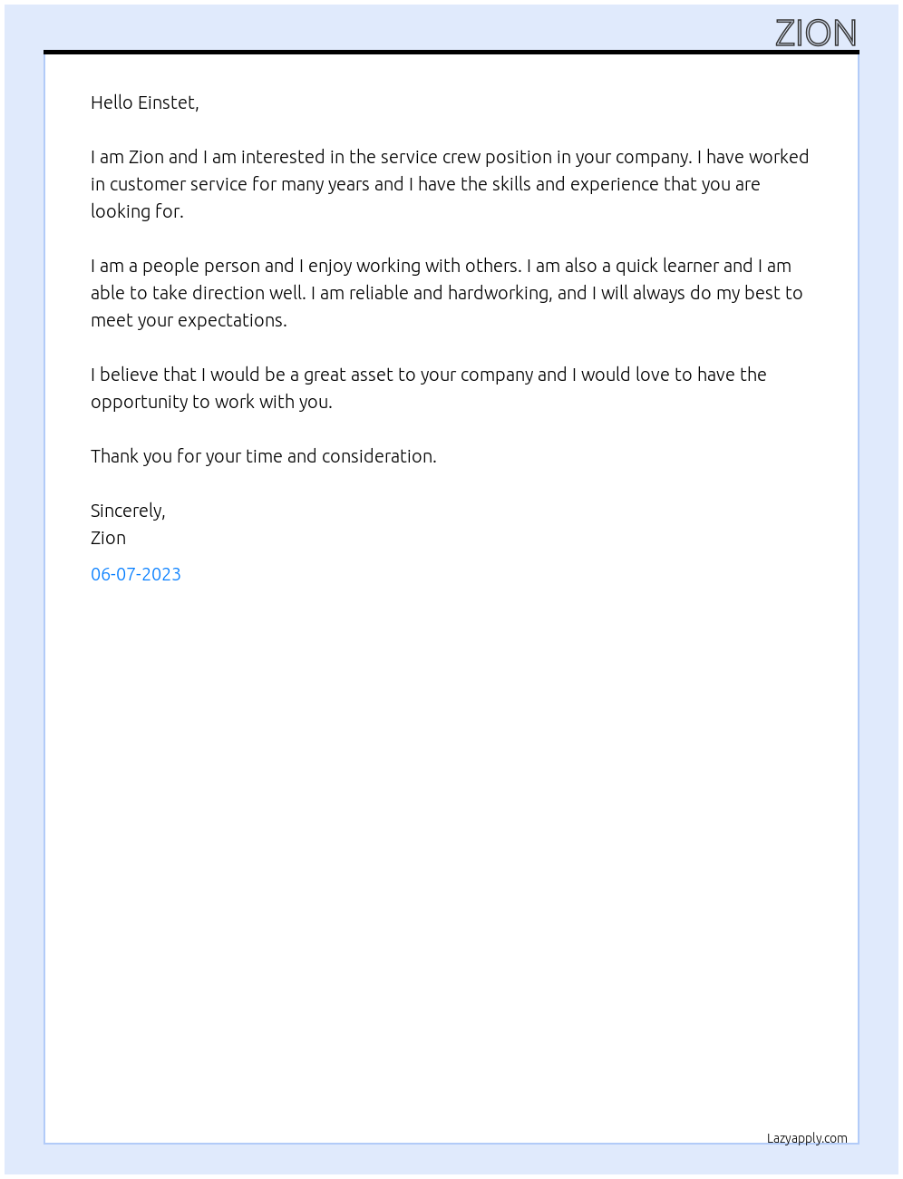 Service crew At Service Crew Cover Letter