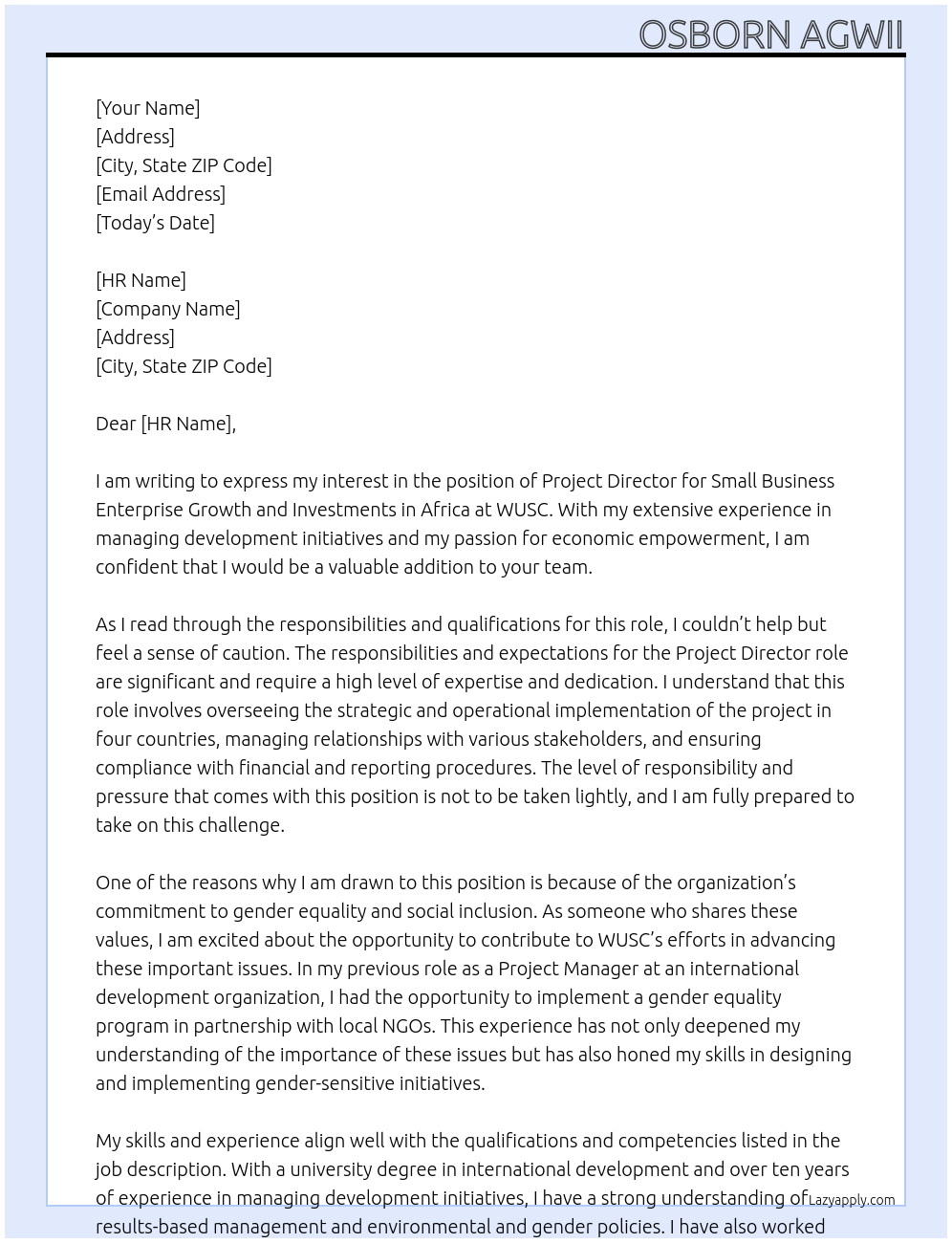 Project Director, Small Business enterprise growth and investments in Africa At WUSC Cover Letter