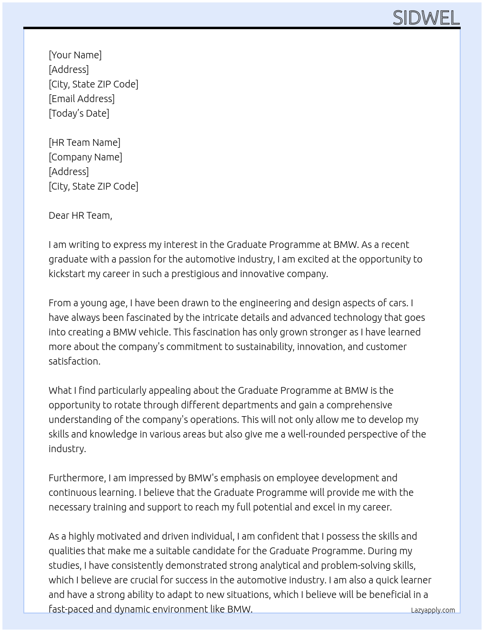 graduate programme At bmw Cover Letter