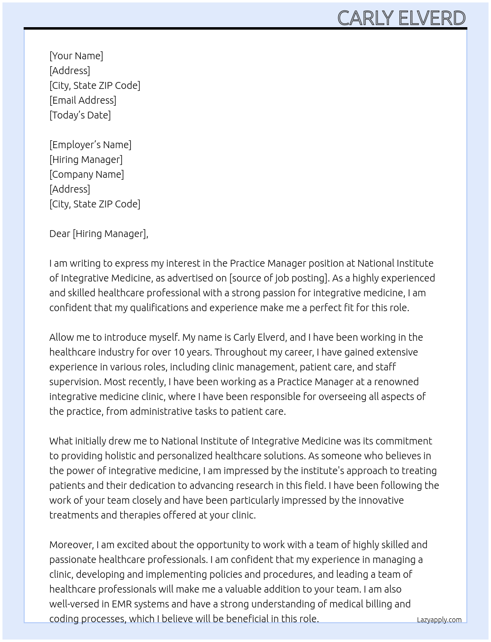 Practice manager At National Institute of Integrative Medicine Cover Letter