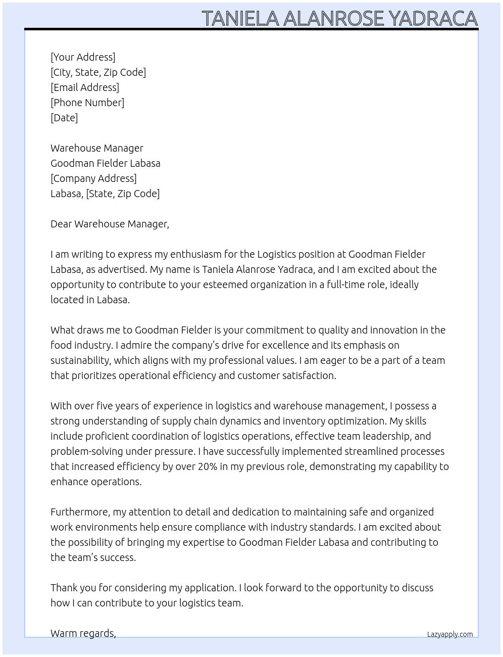 Logistics At Goodman fielder Labasa Cover Letter