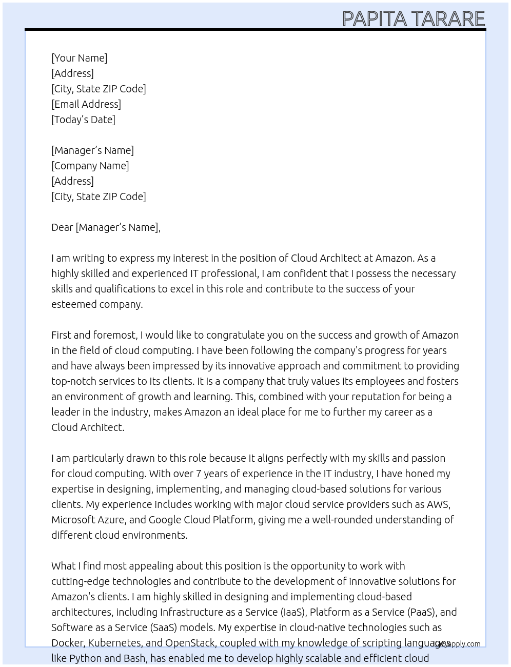 Cloud Architect  At Amazon Cover Letter
