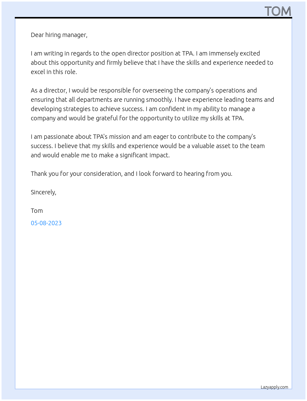 director At tpa Cover Letter