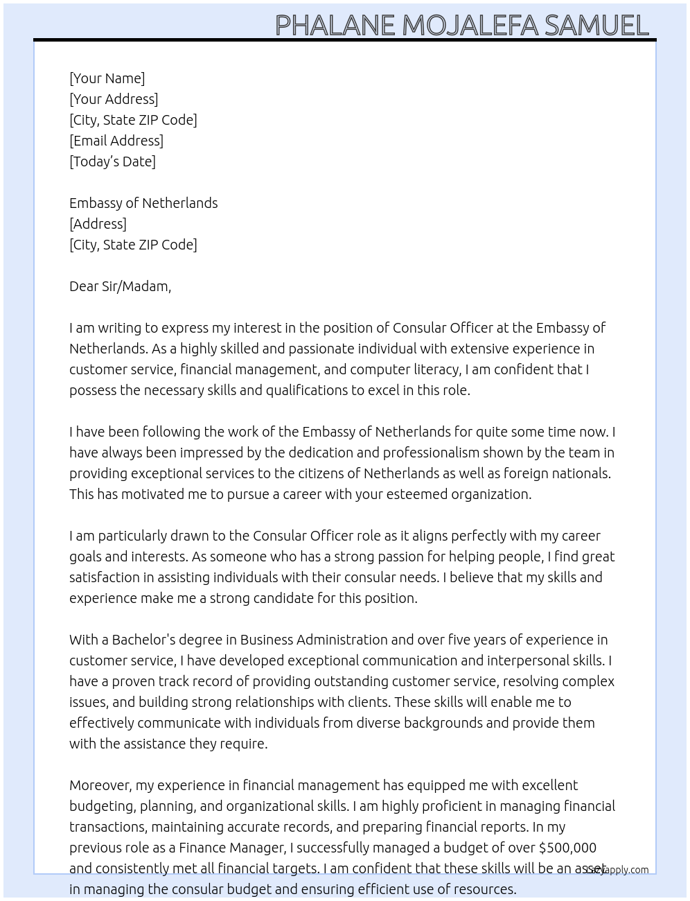 Consular officer At Embassy of Netherlands  Cover Letter