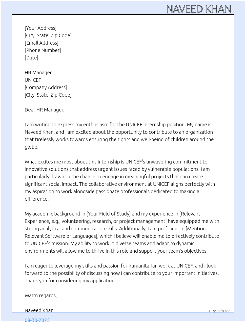 UNICEF Internship At UNICEF Cover Letter