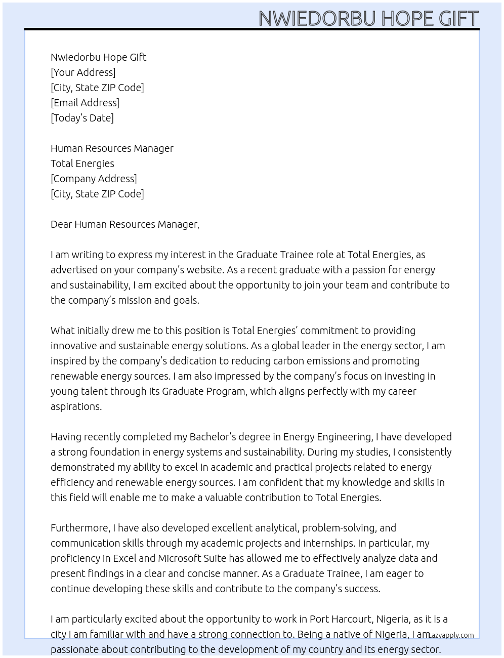 Graduate Program At Total Energies Cover Letter