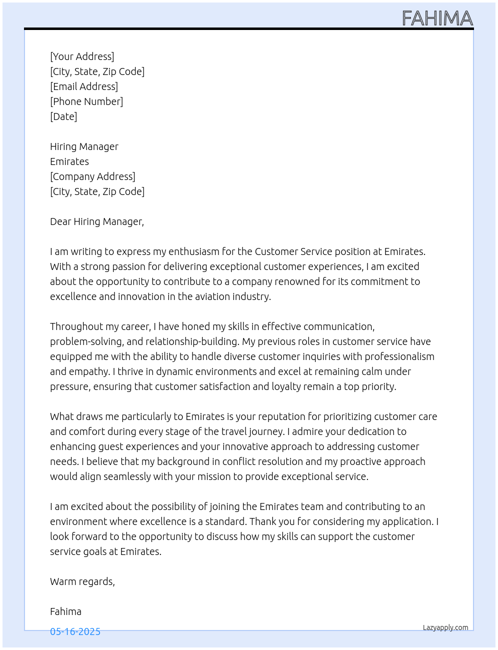 Customer service At emirates Cover Letter