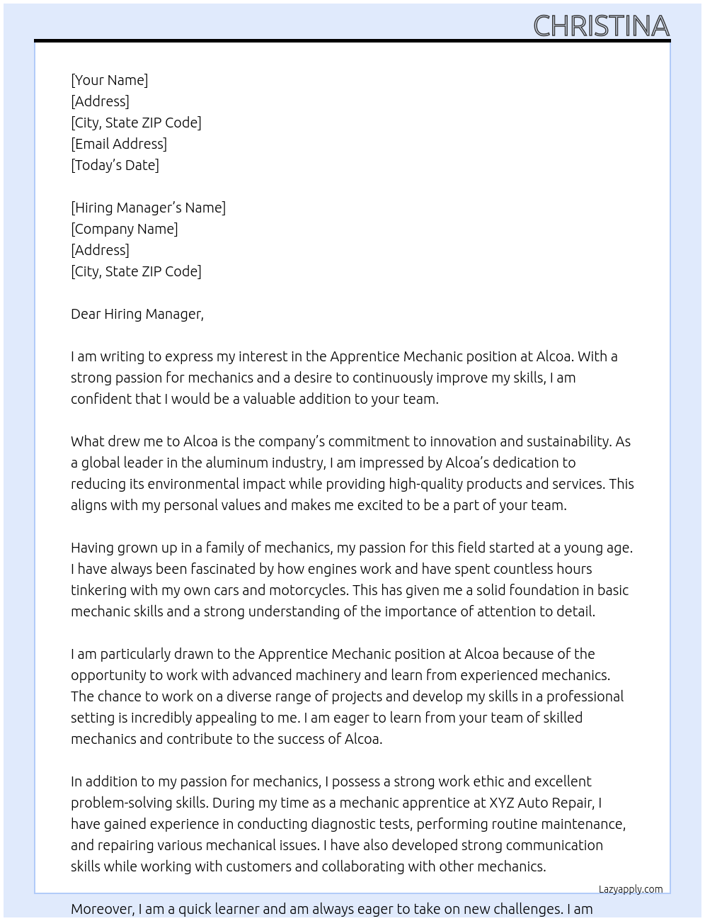 Apprentice Mechanic At Alcoa Cover Letter