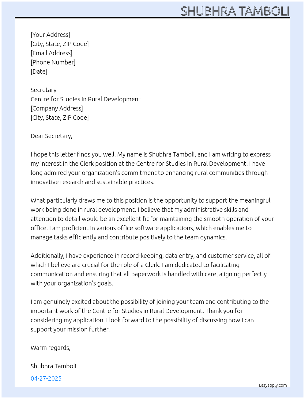 Clerk At Centre for Studies in Rural Development Cover Letter