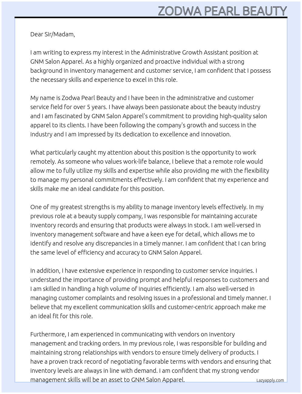 Administrative Growth Assistant At GNM Salon Apparel Cover Letter