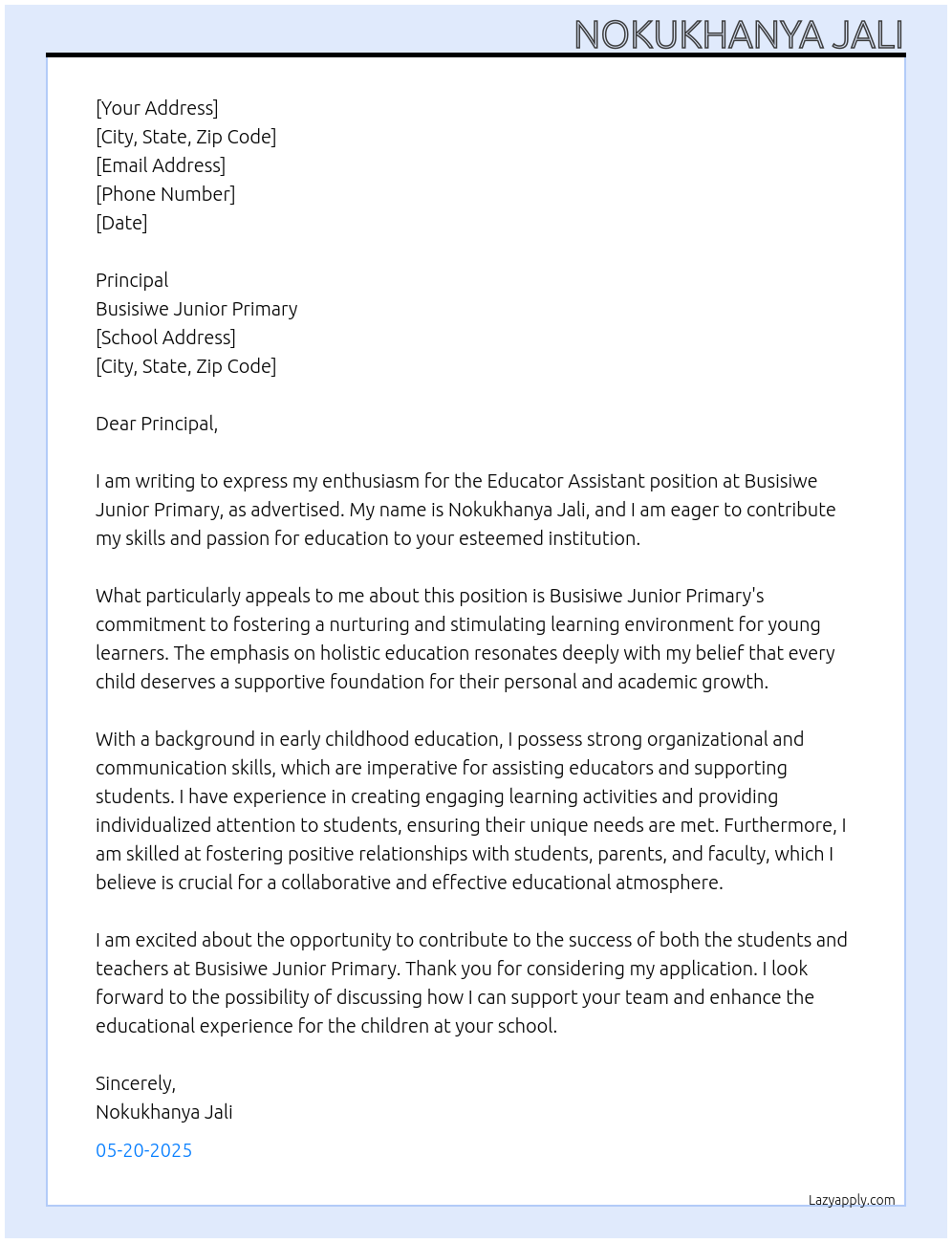 Educator assistant  At Busisiwe junior primary  Cover Letter