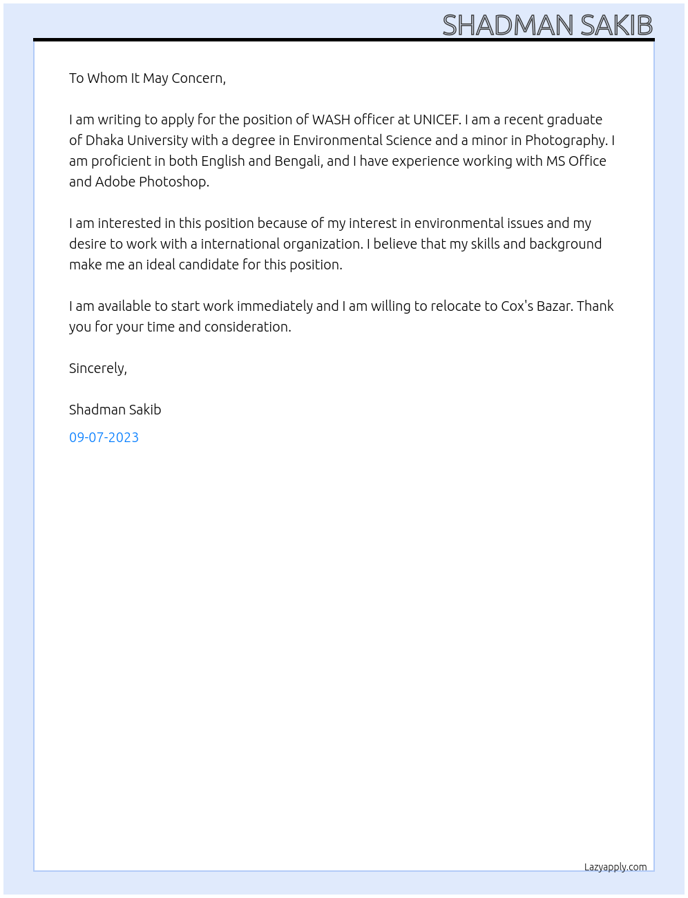 WASH officer At UNICEF Cover Letter