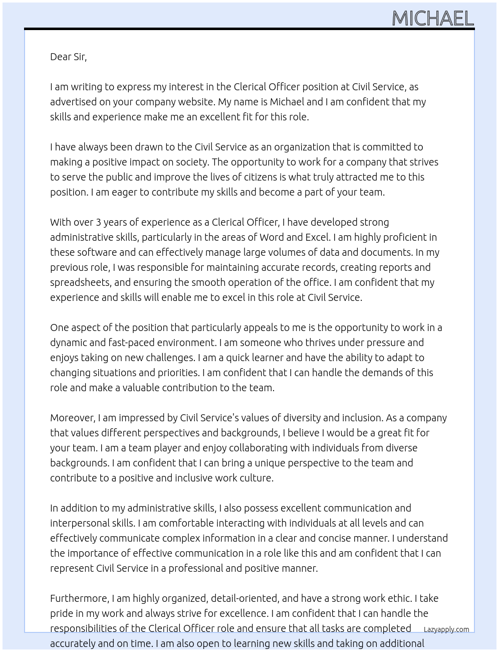 Clerical Officer At Civil Service Cover Letter