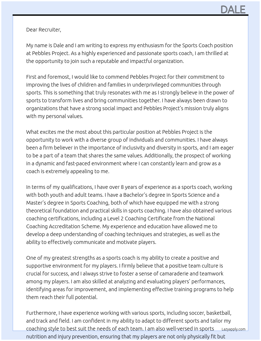 Sports coach At Pebbles Project  Cover Letter