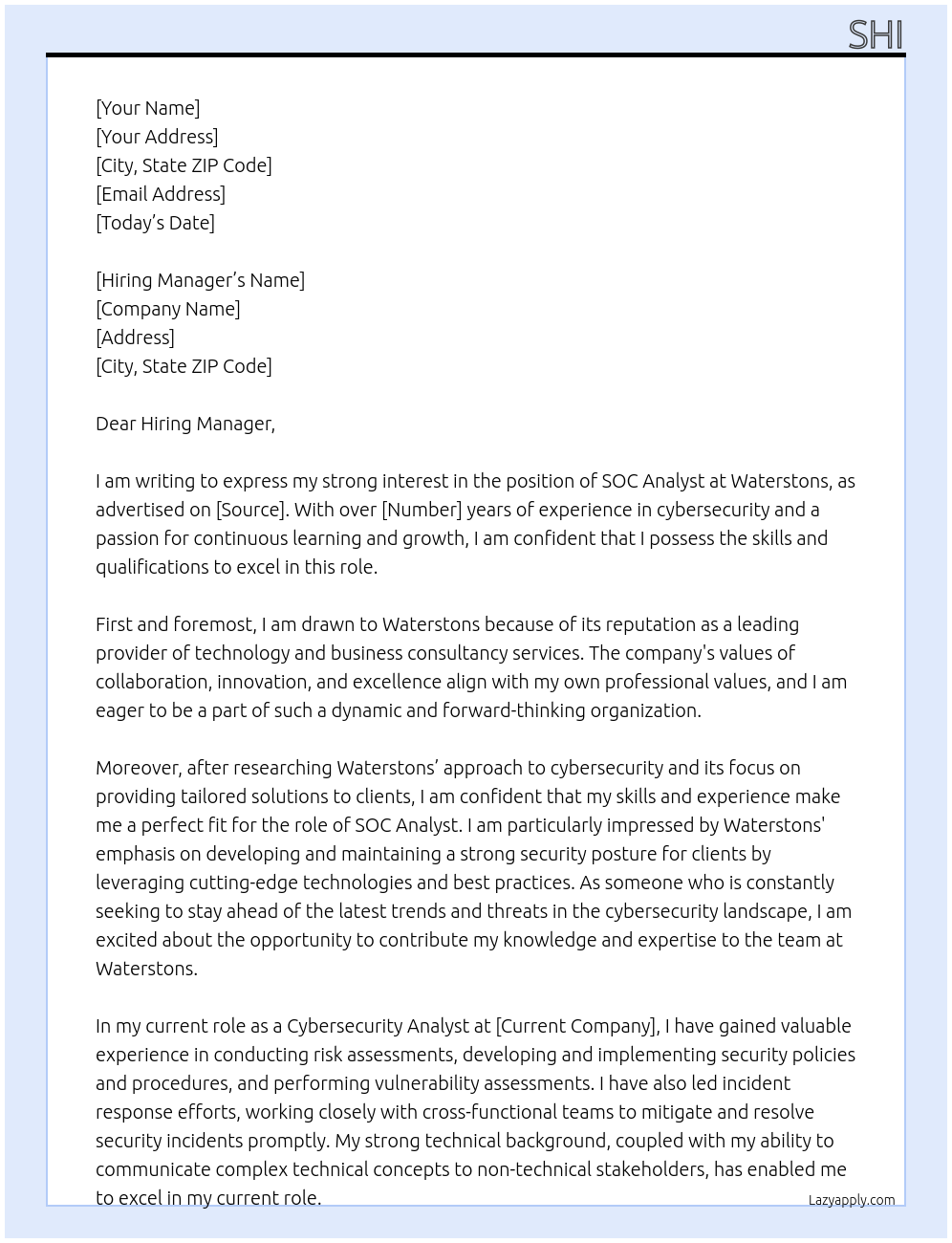 SOC Analyst At Waterstons Cover Letter