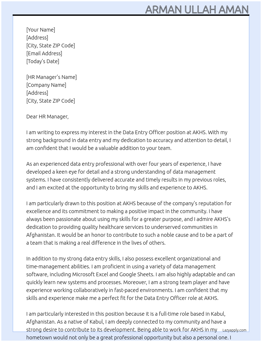 Data entry officer  At AKHS Cover Letter