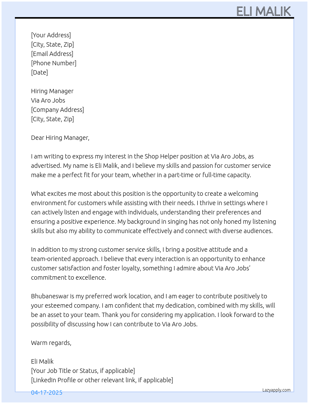 Shop helper At Via Aro jobs Cover Letter