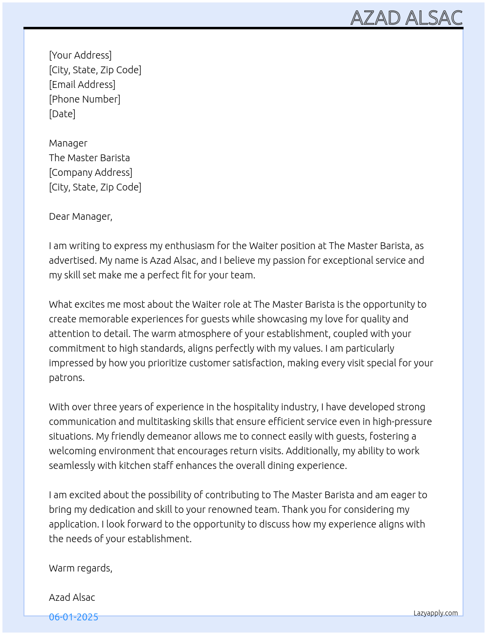 Waiter At The Master Barista Cover Letter