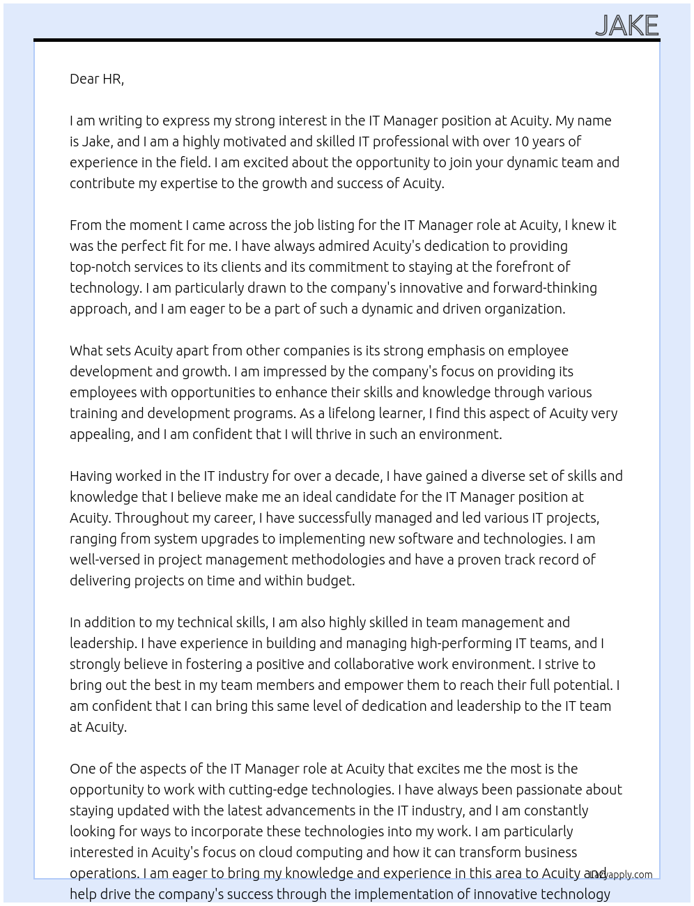 IT Manager At Acuity Cover Letter