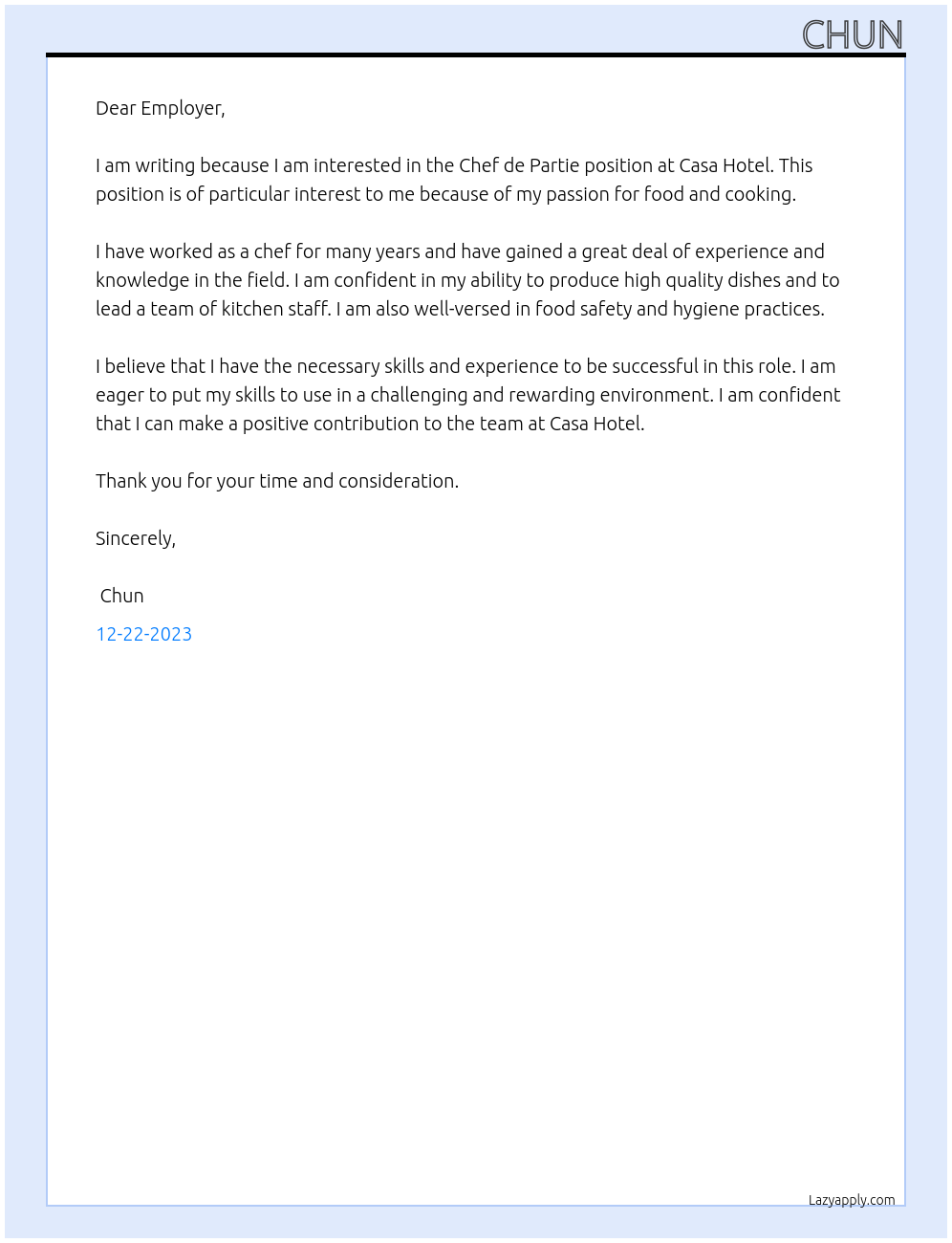 Chef de Partie At Casa Hotel Cover Letter