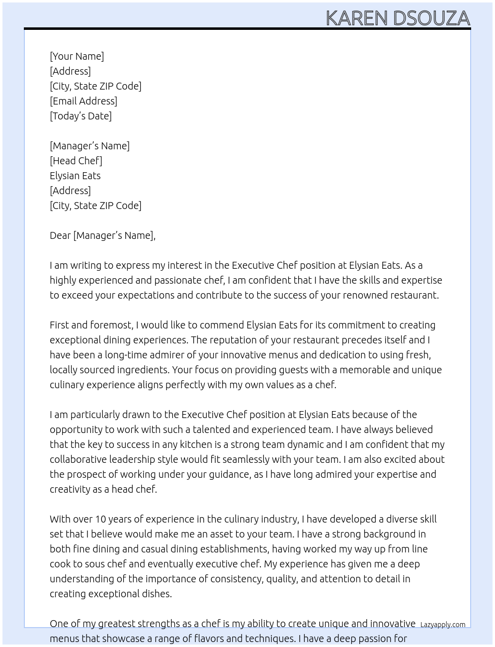 Executive Chef At Elysian Eats Cover Letter