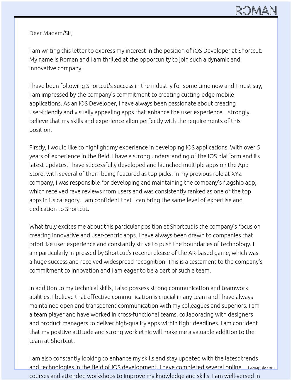 iOS Developer At Shortcut Cover Letter