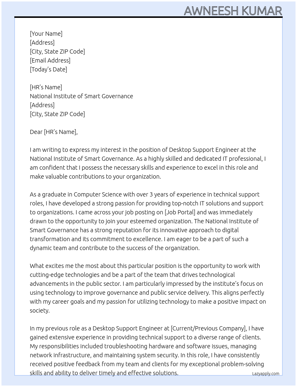 Desktop Support Engineer At National Institute of Smart Governance Cover Letter