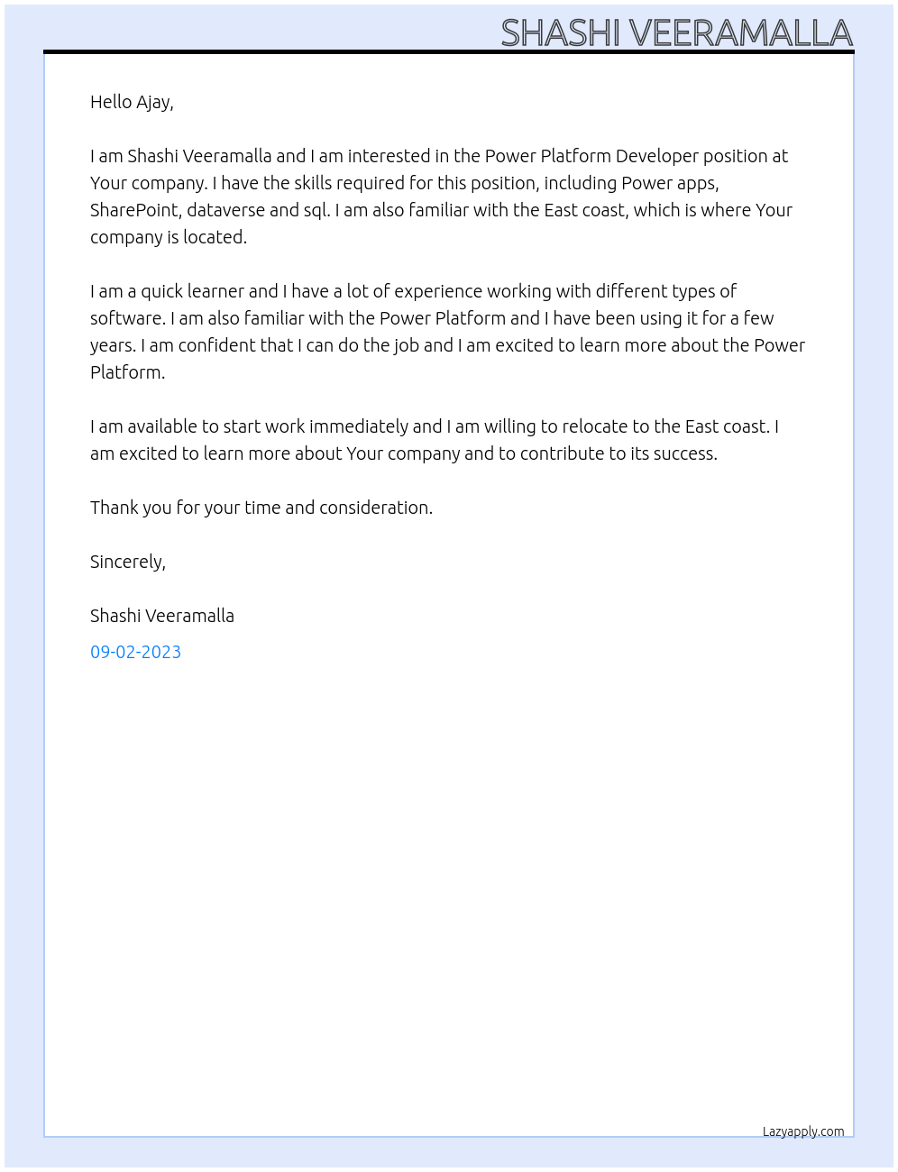Power Platform Developer At Your company Cover Letter