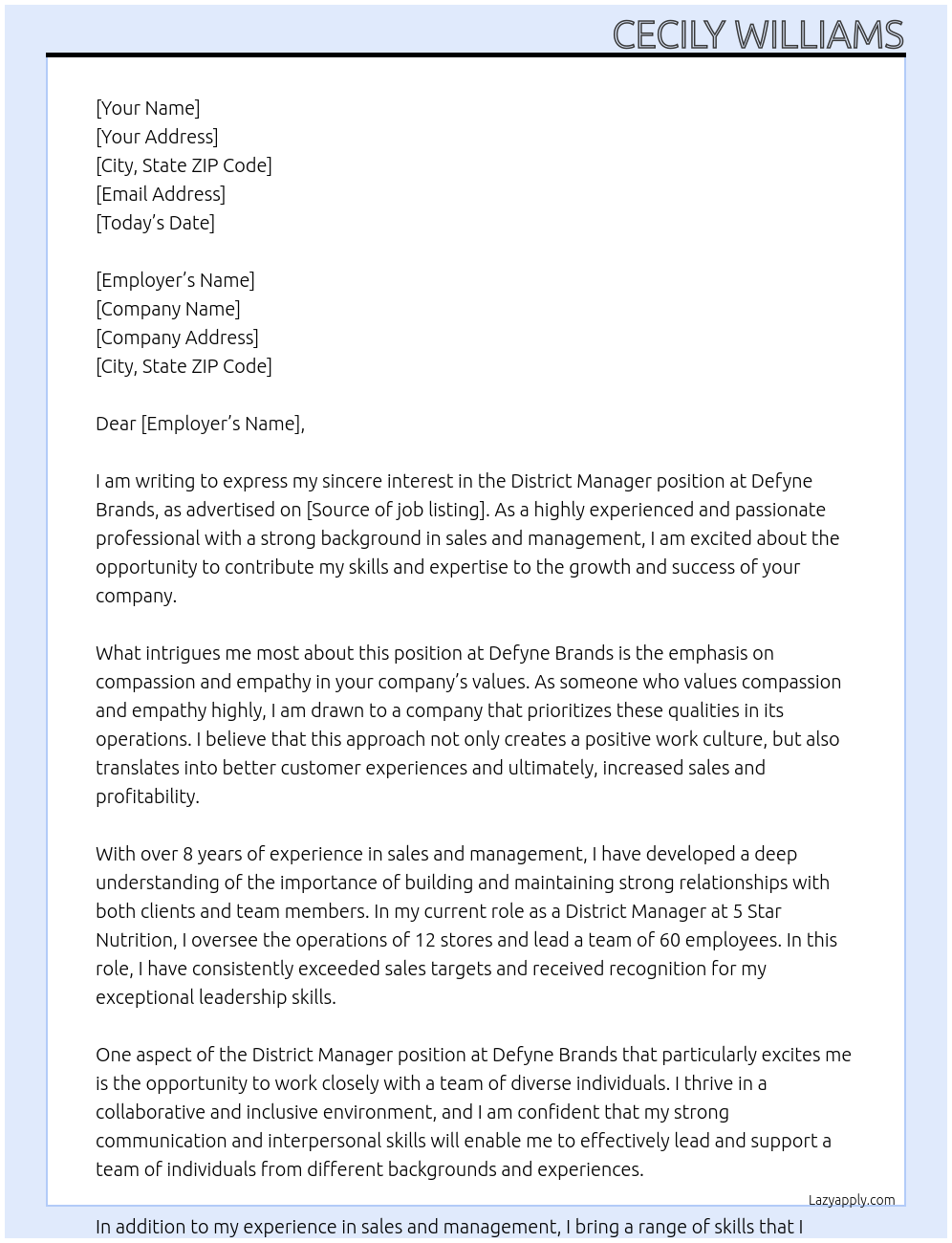 District Manager At Defyne Brands Cover Letter