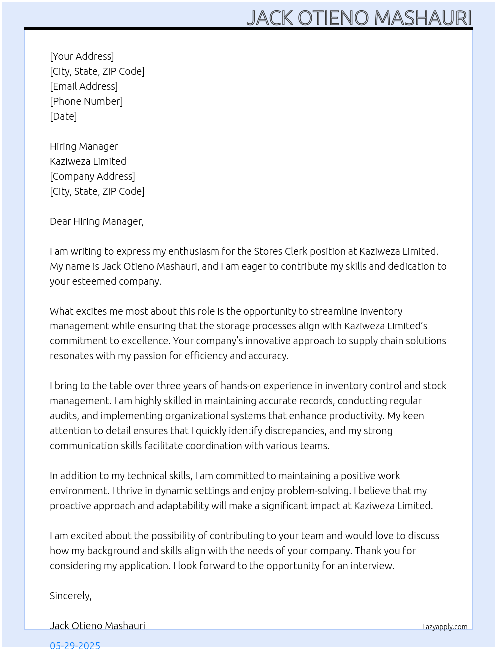 Stores Clerk At Kaziweza Limited Cover Letter