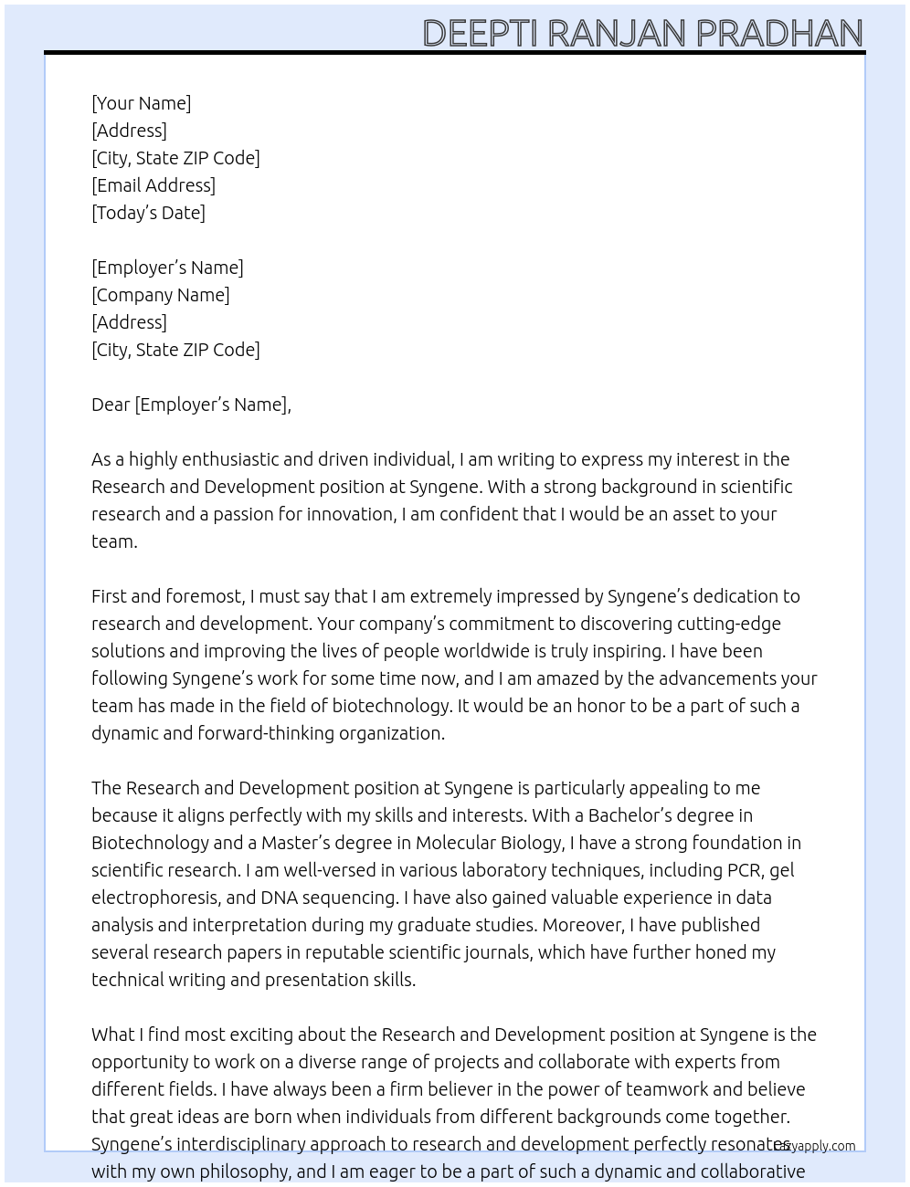 research and development At syngene Cover Letter