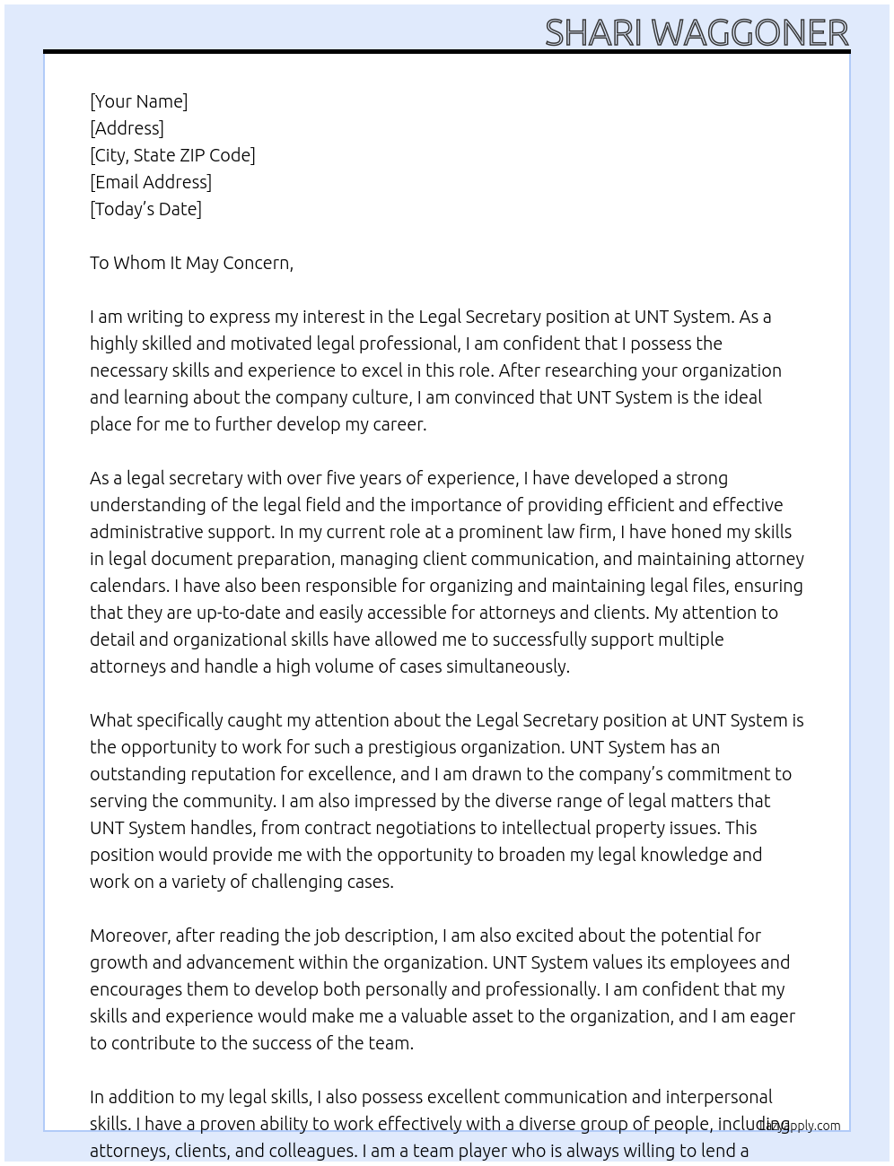 Legal Secretary At UNT System Cover Letter