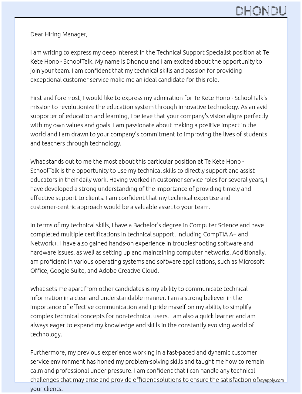 Technical Support Specialist At Te Kete Hono - SchoolTalk Cover Letter