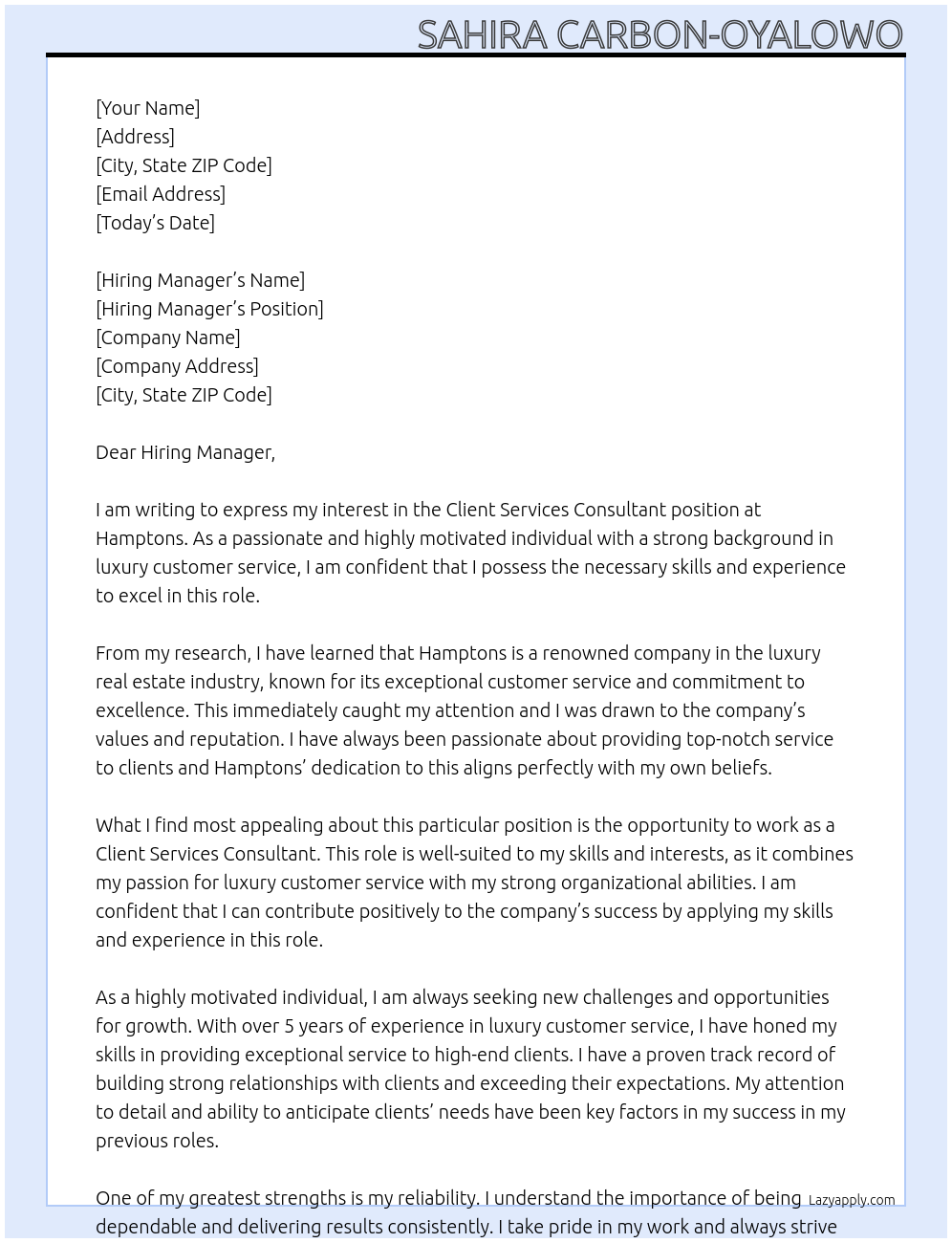 Client Services Consultant At Hamptons Cover Letter