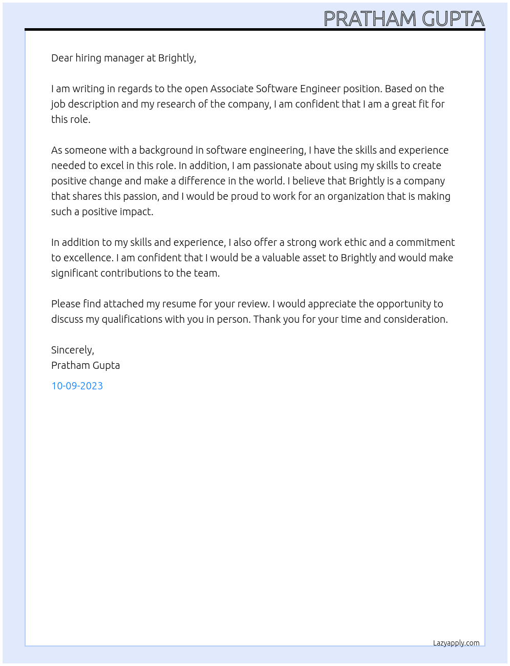Associate Software Enginner At Brightly Cover Letter