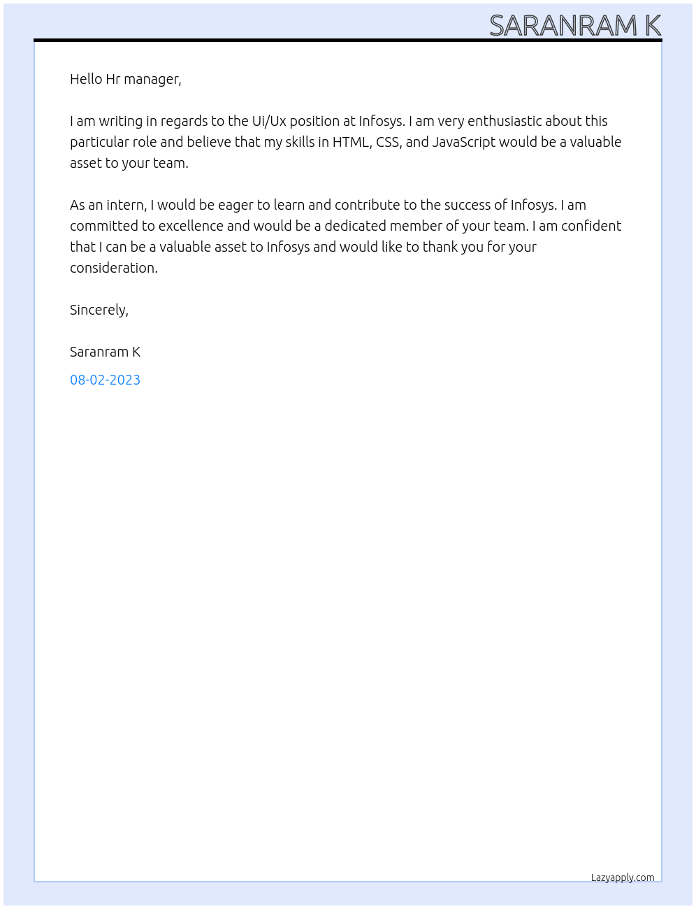 Ui/Ux At Infosys Cover Letter