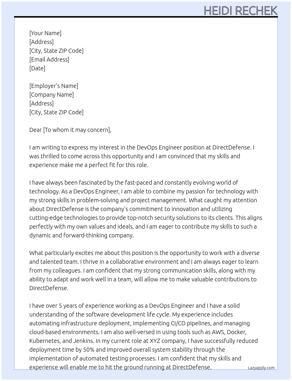 DevOps Engineer At DirectDefense Cover Letter