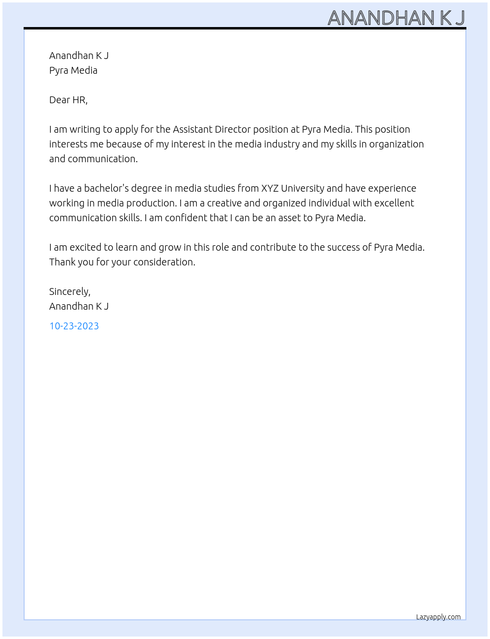 Assistant director At Pyra Media Cover Letter