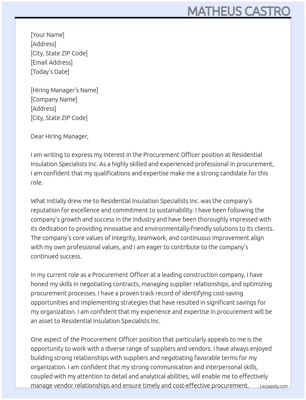 Procurement Officer At Residential Insulation Specialists Inc. Cover Letter