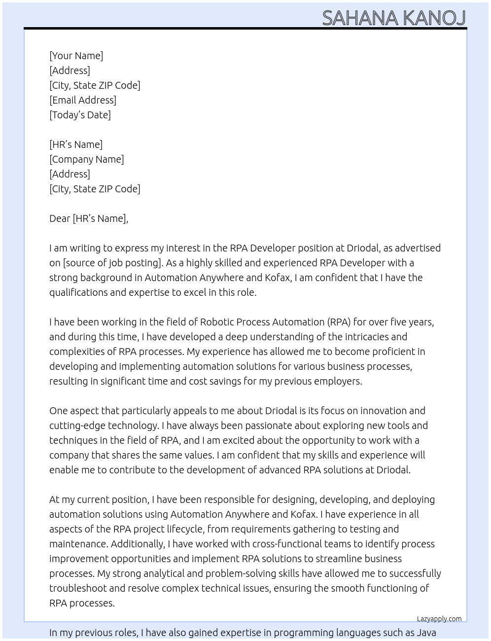 RPA DEVELOPER At Driodal Cover Letter