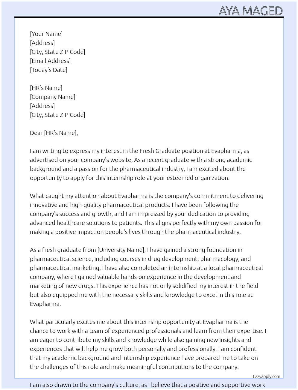 Fresh Graduate At Evapharma Cover Letter