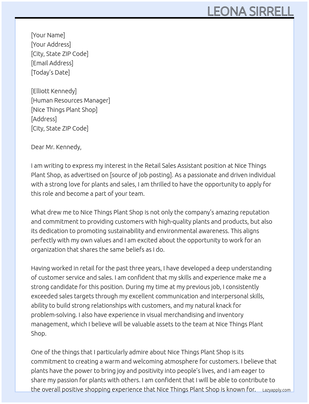 Retail Sales Assistant At Nice Things Plant Shop Cover Letter
