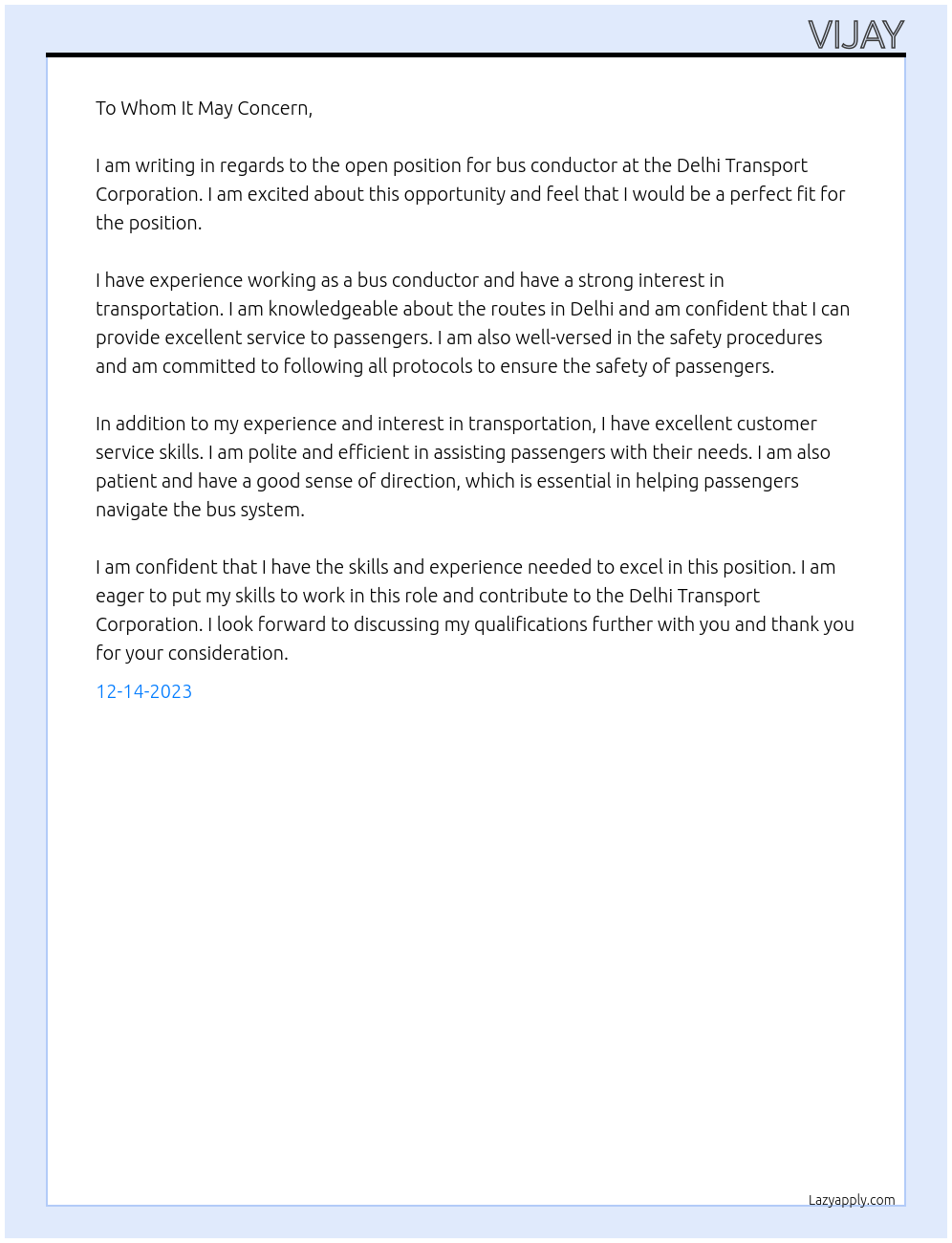 Bus Conductor  At Delhi Transport Corporation  Cover Letter