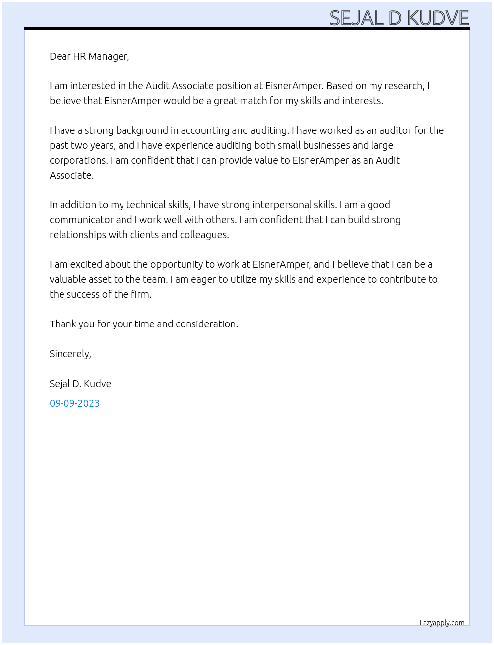 Audit Associate At EisnerAmper Cover Letter