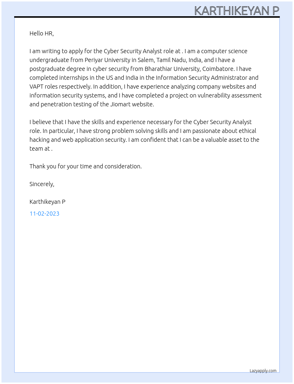 Cyber Security Analyst At . Cover Letter
