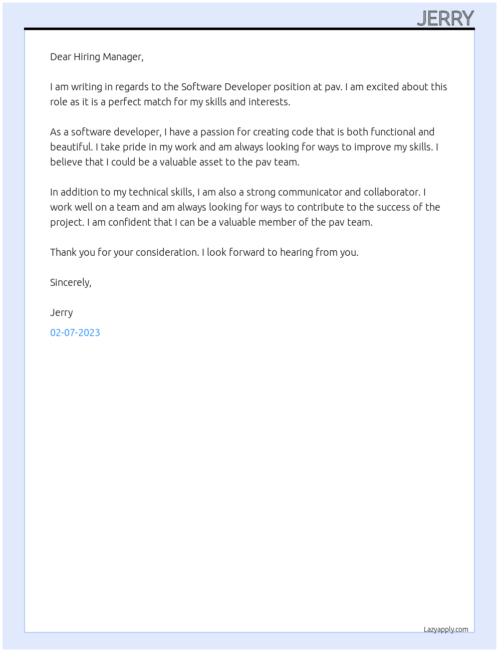 Software Developer At pav Cover Letter