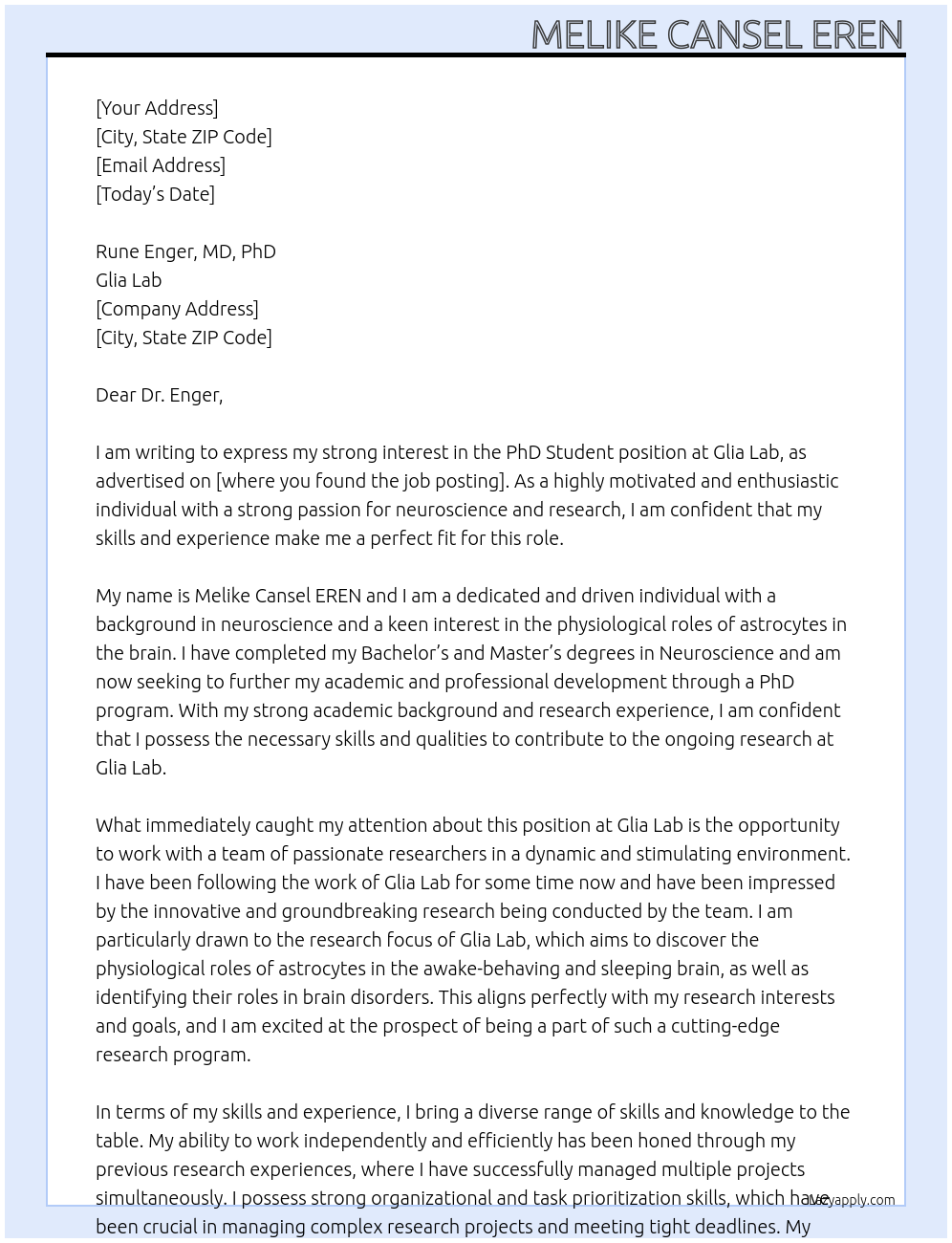 PhD Student At Glia Lab Cover Letter
