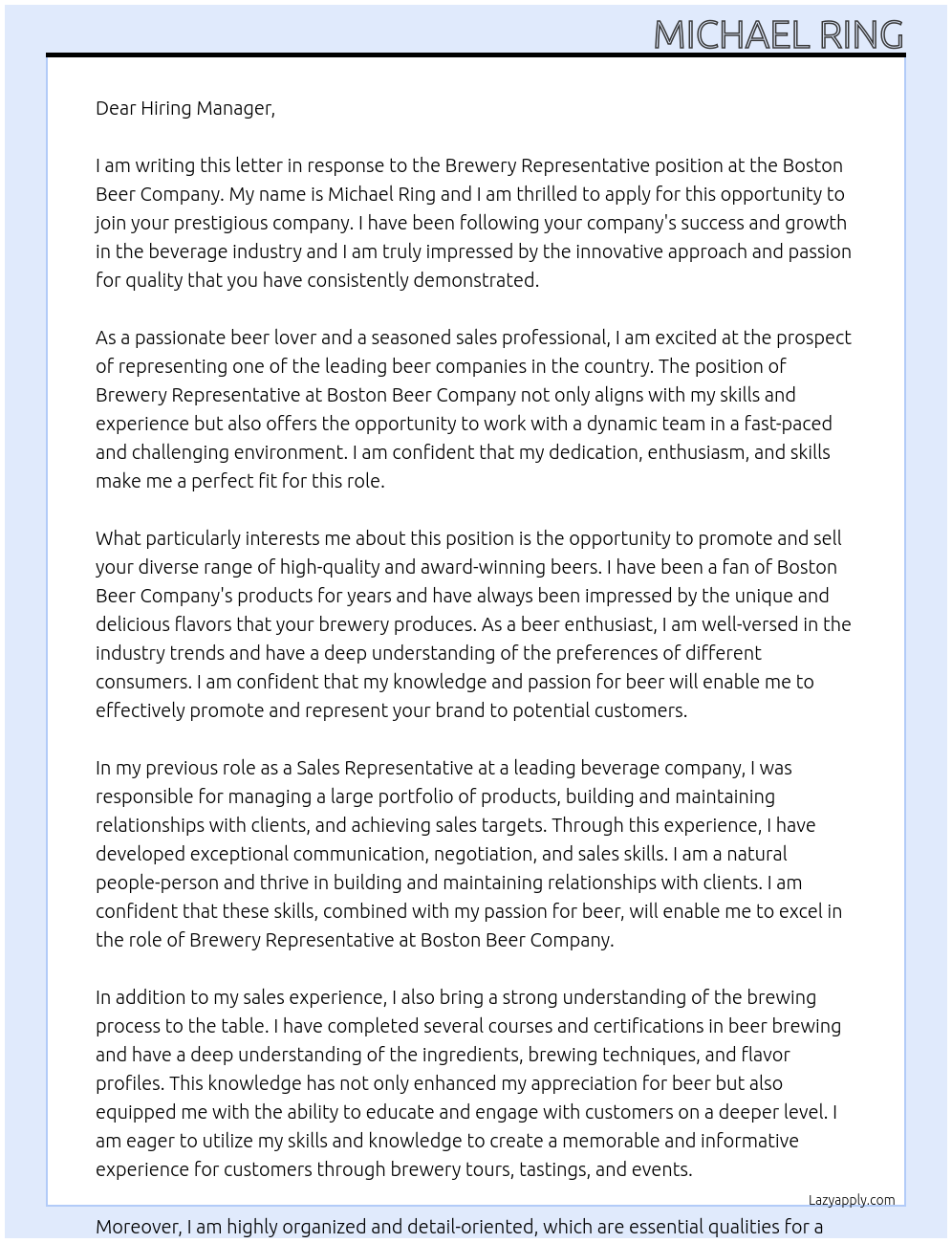 Brewery Representative At Boston Beer Company Cover Letter