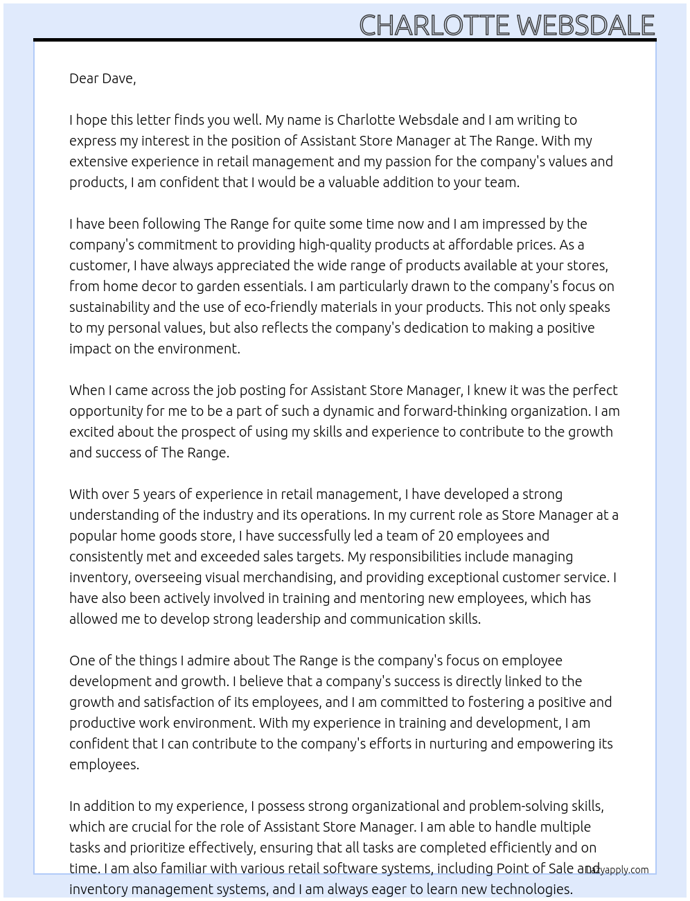 Assistant Store Manager At The Range Cover Letter