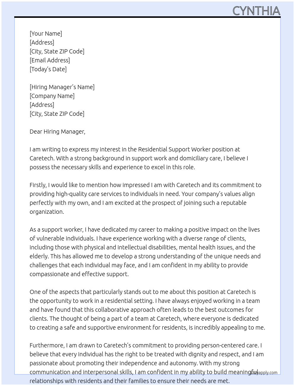 Residential support worker At Caretech Cover Letter